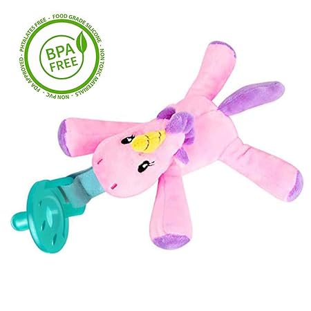 Baby Schnuller mit Kuscheltier Einhorn, weicher und leichter Soothie Schnuller, für Baby Mädchen Junge 0-18 Monate