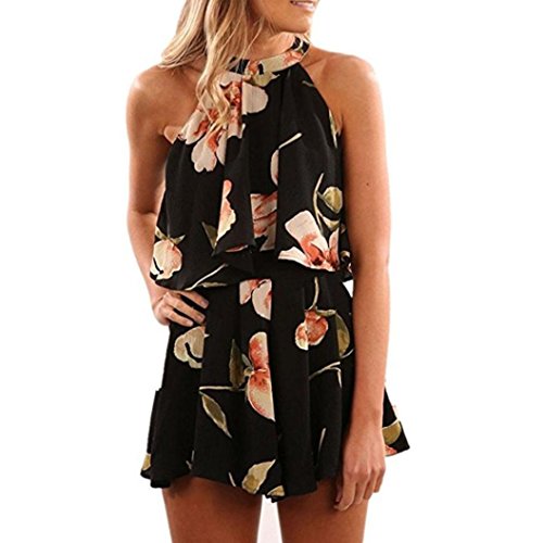 Kollmert Summer Womens Floral Halter Beach Vest Shirt Tops Blouse Shorts Pants Set (XL, Black)
