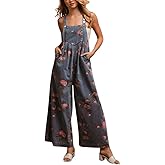 chouyatou Women's Summer Boho Floral Denim Bib Overalls Adjustable Strap Wide Leg Jumpsuits Jeans with Pockets