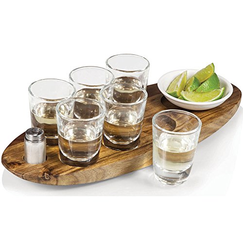 Cantinero Tequila Shot Serving Set With Glasses, Dish, Shaker And Wood
