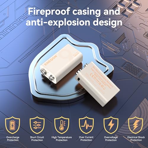 ENEGON 2 Pilas 9V Recargables 1000mAh con Puerto USB-C y Cable de Carga, Batería 9V de Larga duración para Micrófono, Detector de Humo, Juguetes Electrónicos, Walkie-Talkie y Más
