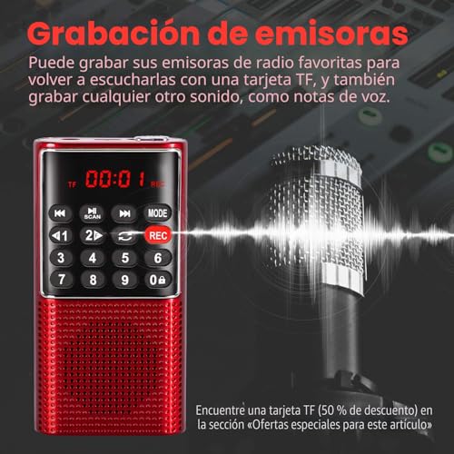 PRUNUS J-328 FM Portable Small Rechargeable Radio with Recorder, Mini Pocket Radio with SD/TF/AUX Music Player, Small Radios for Running, Traveling (Red)