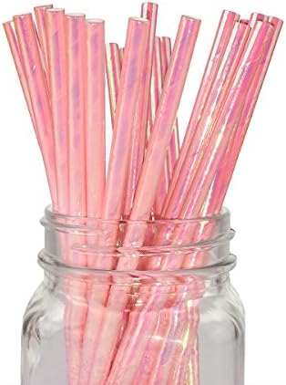 Ipalmay Iridescent Pink Coral Cocktail Paper Straws, Disposable Biodegradable, 7.75 Inches, Pack of 100