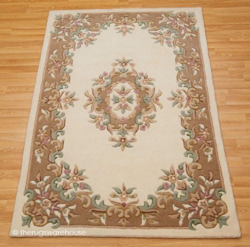 The Rugs Warehouse 100% Wool Royal Ivory & Beige Classic Aubusson Rug 80x150cm (2'7''x5')