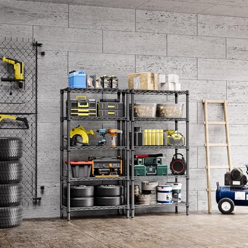 M MZG 5 Tier 1200 lbs Metal Storage Shelf, Wire Shelf, Heavy Duty Closet Organizers for Garage, Kitchen, Bathroom, Laundry, Black, 13.8"