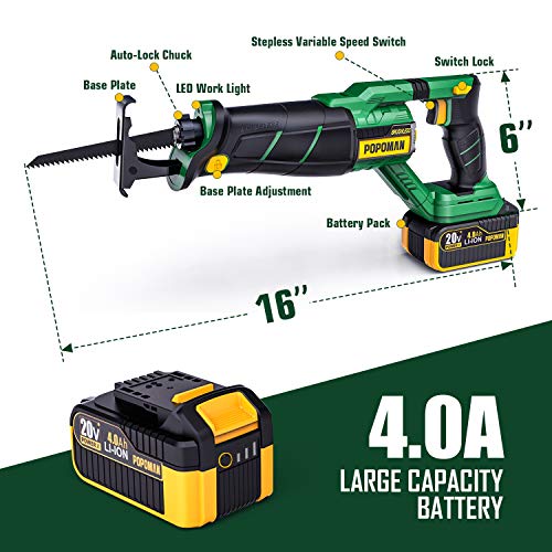 Cordless Reciprocating Saw, POPOMAN Brushless 20V with 4.0A Lithium-Ion Battery, Fast Charger, 1-1/8"(28mm) Stroke Length, 0-2500 SPM Variable Speed, 2 Blades for Metal&Wood, Christmas Tree -MTW200B