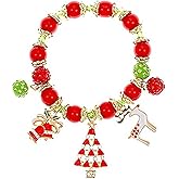 OIDIMS Charm Christmas Bracelets for Women Red Green Color Stretch Strand Elastic Crystal Beaded Jingle Bell Bracelet Xmas Tree Elk Deer Christmas Holiday Party Favors Jewelry Gift