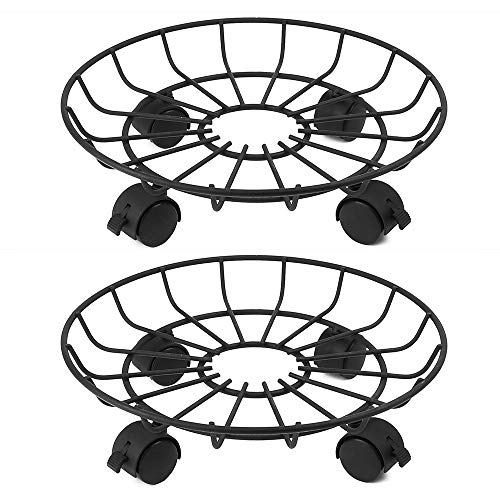 Moutik Sturdy Plant Caddy 13.4 in, Metal Plant Stand on Roller Patio Flower Pot Rack Plant Holder with Lockable Omnidirectional Wheels Indoor/Outdoor Black (13.4″ x2)