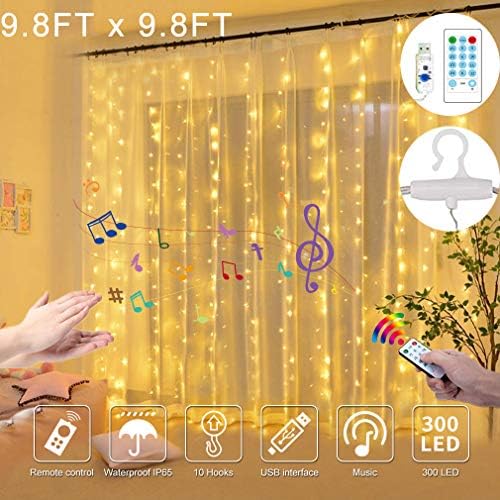 300 LED Curtain String Lights,USB Port Fairy Lights with 4 Music Control 8 Light Modes,IP65 Waterproof Colored Window Lights for Dorm Home Indoor Bedroom Christmas Decorations,9.8x9.8 Ft