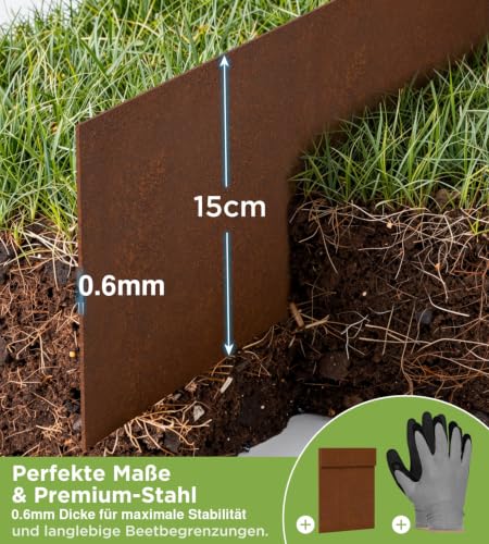 Rasenkante aus Cortenstahl 10m x 15cm, Metall Beeteinfassung, Beetumrandung | 0,6 mm dick, Cortenstahl Rasenkante, Ideal als Mähkante, Beetbegrenzung oder Pflanzring, Inkl. Handschuhe und Metallverbinder