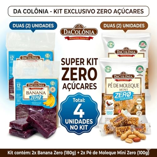 KIT 4x Muito sabor e ZERO AÇUCAR - DaColônia - 2 Bananinha (180g cada) - 2 Pé de Moleque (100g cada), total de 560g de produtos naturais (4 unid.)