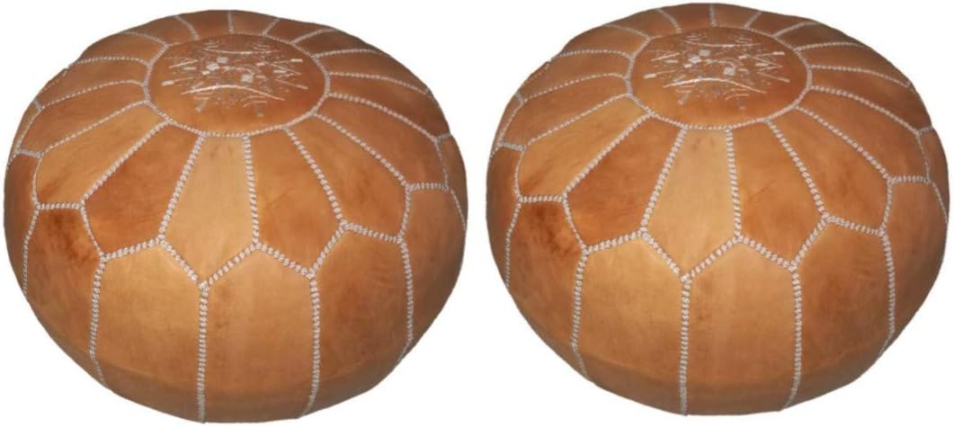 Blue Boho Beautiful Set of 2 Handmade Moroccan Leather pouffe Footstool ottoman Cognac color Delivered unstuffed