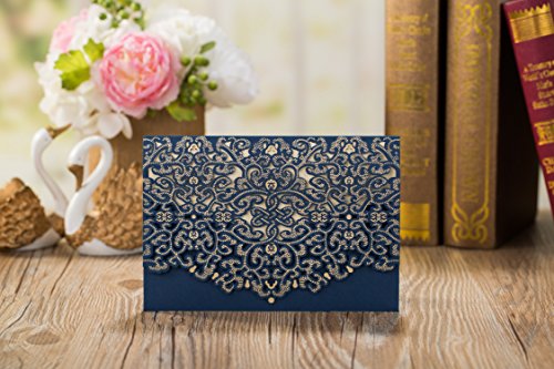50pcs Elegant Laser Cut Wedding Invitations Cards with Envelopes and Stickers (Dark Blue)