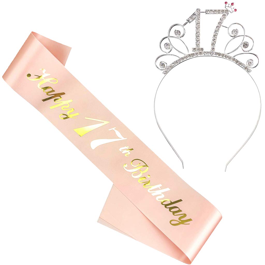 Ouceanwin Birthday Crown Headband and Happy 17th Birthday Scarf, Glitter Rhinestone Crystal Tiara Crown Tiara with Satin Belt for 17 Years Birthday Girls Decoration Gift