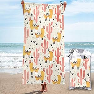 Microfibre towel lightweight travel beach towel | Extra large quick drying camping towel Premium gym towels for swimming yoga | Highly absorbent fast dry | Yellow Llamas Red Cactus