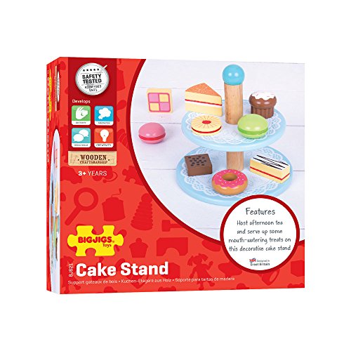 Bigjigs Toys Wooden Cake Stand with 9 Wooden Cakes - Pretend Play and Role Play for Children