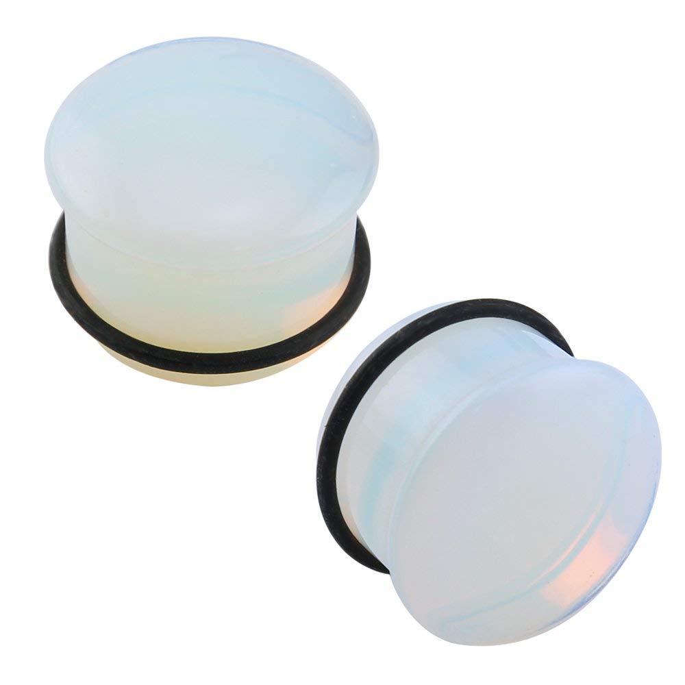Single Flare Clear Opalite Moonstone Ear Plugs and Tunnels with O-Ring Stretcher Expander Pair (Gauge=0g(8mm))