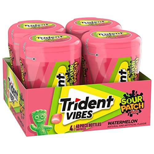 TRIDENT VIBES SOUR PATCH KIDS WATERMELON SUGAR FREE GUM, 4 BOTTLES OF 40 PIECES (160 TOTAL PIECES)