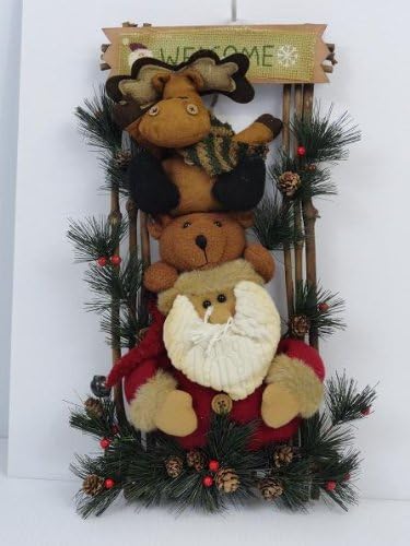 Christmas Decor 19" Inch Welcome Wall Hanging With Santa A Teddy Bear Raindeer & Pine Needles Pine Combs On A Branch Frame Model CH83828AB-SC