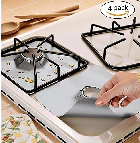 Gas Range Protectors,EatronChoi Stovetop Burner Protectors Covers, 10.6” x 10.6” Gas Hob Protectors,Reusable,Non-Stick and Dishwasher Safe, Easy to Clean - FDA Approved (Pack 4) (Silver)
