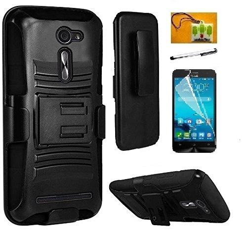Asus Zenfone 2E (AT & T), LF 4 in 1 Bundle, Hybrid Armor Stand Case with Holster and Locking Belt Clip, Stylus Pen, Screen Protector & Wiper Accessory. (Holster Black) Asus Zenfone 2E (AT & T), LF 4 in 1 Bundle, Hybrid Armor Stand Case with Holster and Locking Belt Clip, Stylus Pen, Screen Protector & Wiper Accessory. (Holster Black)