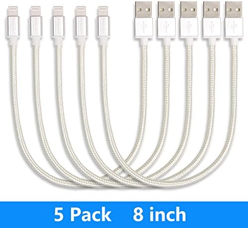 5Pack 8 inches Short Nylon Braided Cord Lightning Cable Certified to USB Charging Charger for iPhone 7,7 Plus,6S,6,SE,5S,5,iPad,iPod Nano 7 (Silver)