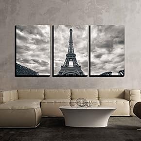 3 Piece Canvas Wall Art - Eiffel Tower with Dramatic Sky Monochrome Black and White - Modern Home Art Stretched and Framed Ready to Hang - 16"x24"x3 Panels