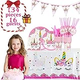 Unicorn Party Supplies Birthday Party Set 134pcs Serves 16 Guests | Disposable & No Washing Up | Perfect Party Solution 100% Bio-Degradable Non-toxic Decoration Tableware Cutlery