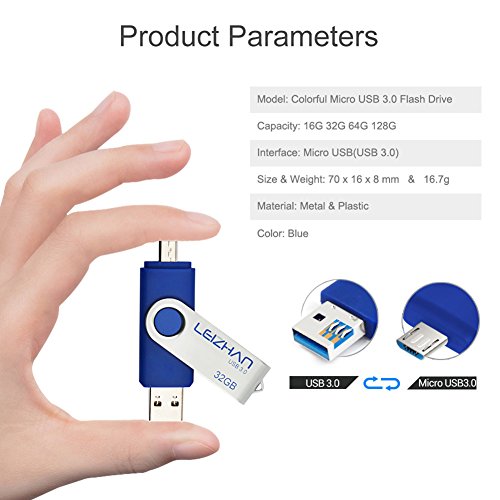 leizhan USB Flash Drive 32GB USB 3.0 Micro Pendrive for Samsung Galaxy S7 S6 S5 S4 S3, Xiaomi,LG,Sony, One-Plus,HTC, Meizu,Blue