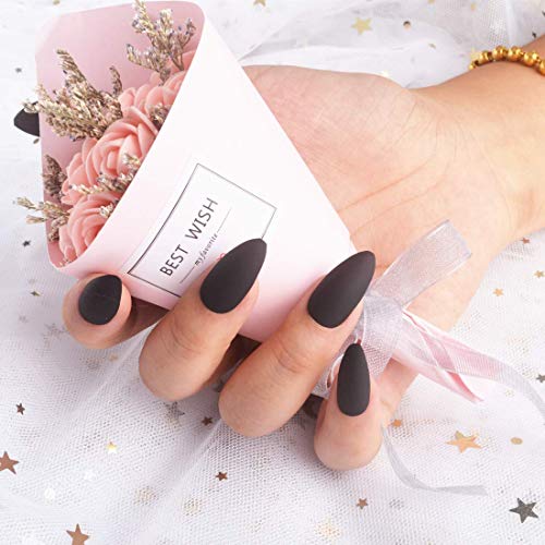 24pcs Matte Pure Color Stiletto Nails False Gel Nails Art Tips Sets Full Cover Medium Almond Shape Acrylic Fake Nail Tips Gel (Matte Black)