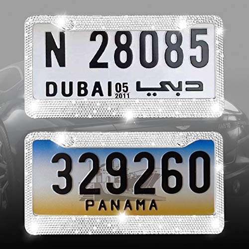 LEDKINGDOMUS Diamond License Plate Frame, 2PCS Rhinestone Stainless Steel Bling License Plate Cover with Anti-Theft Screw Caps(White) - Thumbnail 6