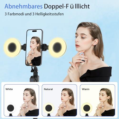 Content Creator Kit per vlogging per iPhone/Android, Automatico Volto Rilevamento Treppiede per iPhone da 180cm, Bastone Selfie con luce e microfoni wireless, TikTok/YouTube Starter Kit