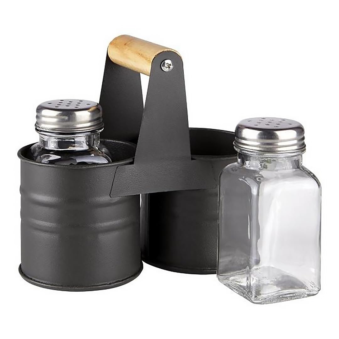 GEEZY Glass Salt and Pepper Shakers Set with Metal Stand - 3 Piece Cruet Set with Carry Handle, Stainless Steel Lids, Refillable Seasoning Pots - Kitchen Essentials for New Home, Kitchen, Restaurant