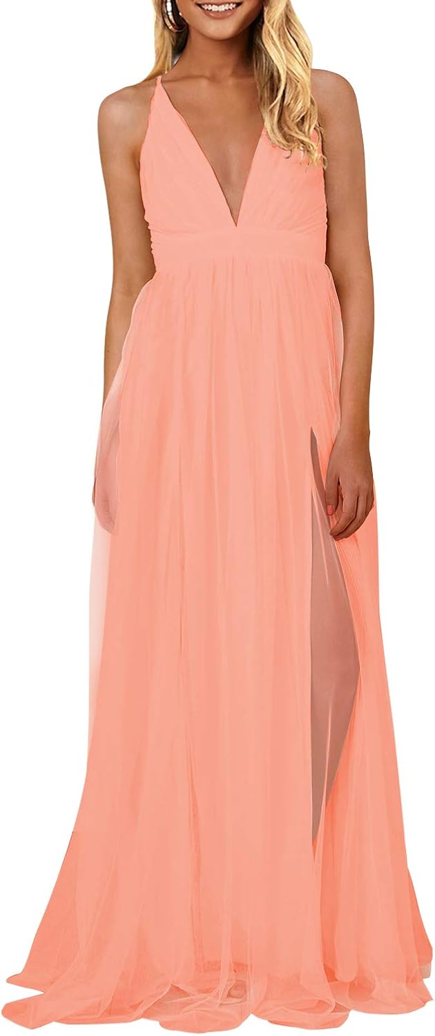 Miholl Women S Elegant Long Dress Deep V Neck Slit Mesh Flowy