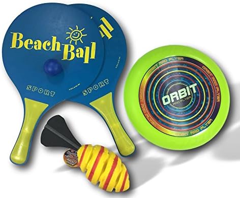 Beach Toy with paddle set and flying disc frisbee bundle combo. Great for pool and beach party fun. For Adults &amp; Kids. Colors may vary.