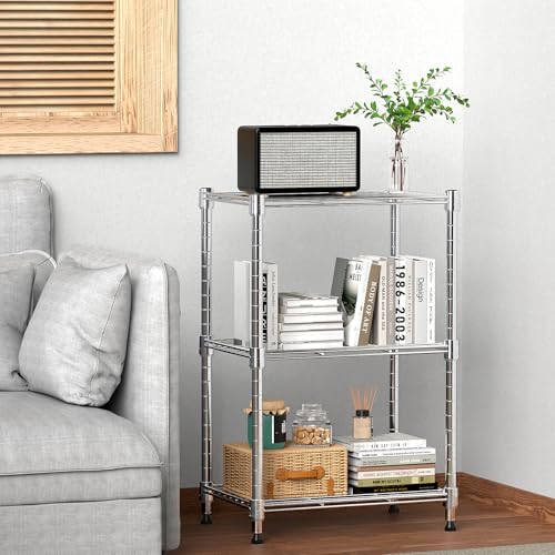 M MZG Metal Shelving Unit with 3 Levels, Load Capacity 204 kg, Adjustable Shelves for Kitchen, Bathroom, Pantry and Office, Study, Chrome, 30 x 45 x 67 cm