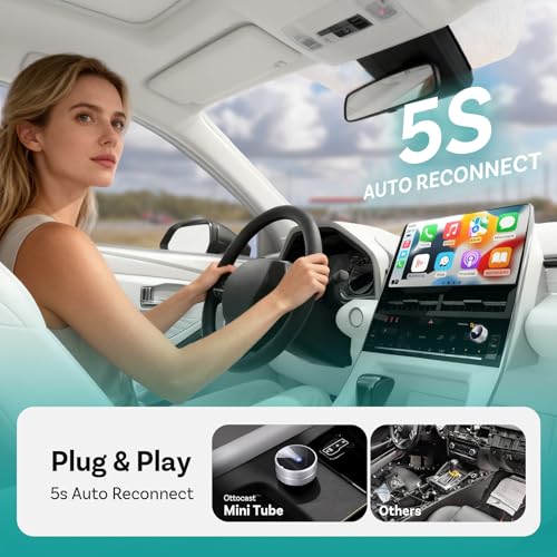 OTTOCAST Mini Tube 2026 Adaptador Inalámbrico para Apple CarPlay y Android Auto, Conexión Automática Plug & Play, WiFi 5 GHz Estable, Compatible con iPhone y Android, Carcasa Premium de Aluminio