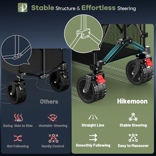 Hikemoon 400L Double Decker Wagon with Tailgate 54'' Extra Long, 560LBS Heavy Duty Wagons Carts Foldable, Big All-Terrain Wheels with Brakes, Utility Folding Cart for Beach, Camping, Sports, Black