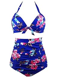 COCOCOSHIP Retro 50s Negro Rosa Azul Floral Halter Cintura Alta Bikini Set Halter Carnival Bañador (FBA)