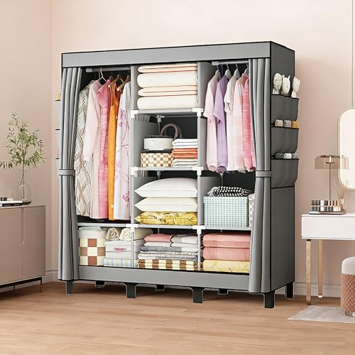 lishbie Portable Wardrobe Bedroom Wardrobe Clothes Storage Box Simple Hanging Grey