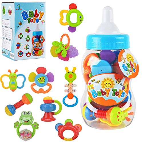 wishtime sonajeros para bebés, juguetes para recién nacidos, regalos para bebés, 11 piezas con juguetes de sonajero para el desarrollo de las manos y botella gigante para niñas y niños de 0 3 6 9 12 meses