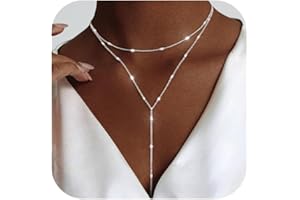 Luxval Lariat Silver Necklace for Women, Dainty Long Necklace Silver Y-Shaped Pendant Necklaces Trendy Beaded Chain Drop Necklaces Jewelry for Women Gifts