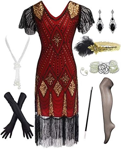 Women 1920s Great Gatsby Sequin Fringe Flapper Dress Costume Accessories Set with Sleeve