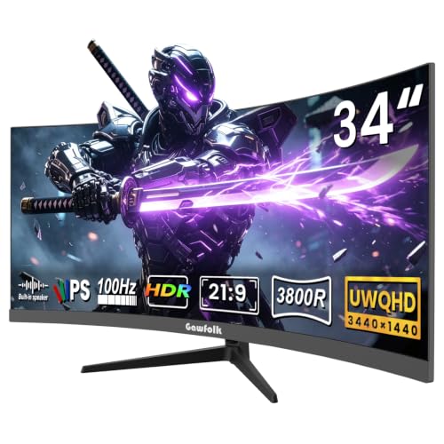 Gawfolk 34 Zoll Curved Monitor 100Hz UWQHD (3440x1440), 21:9, IPS Panel, 3800R, HDR10, FreeSync, HDMI 2.0 & DP, 100x100 VESA – Büro & Gaming