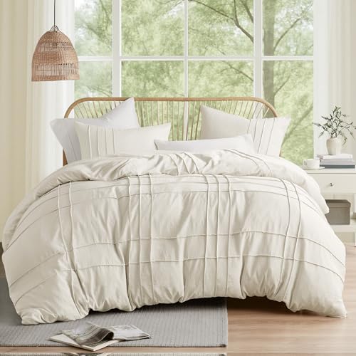 Comfort Spaces Neutral Cal King Size Duvet Cover Set - 3-Piece Pintuck Pleated Duvet Cover California King, All Season Lightweight, Extra Softness Pre-Washed Microfiber Cal King Bed Cover Shams