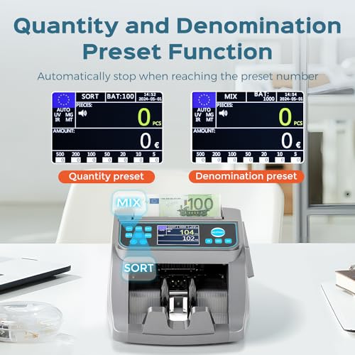 Bonvoisin Professional Banknote Counter, Value Count for Mixed Denominations in Euro, Money Counter Machine with False Detection UV/MG/IR/MT/DD, Banknote Counter 1000 Banknotes/Min (EU)