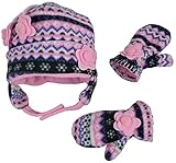 N'Ice Caps Girls Fair Isle Print Micro Fleece Hat And Mitten Set (18-36 Months, Black Fair Isle/Neon Pink)