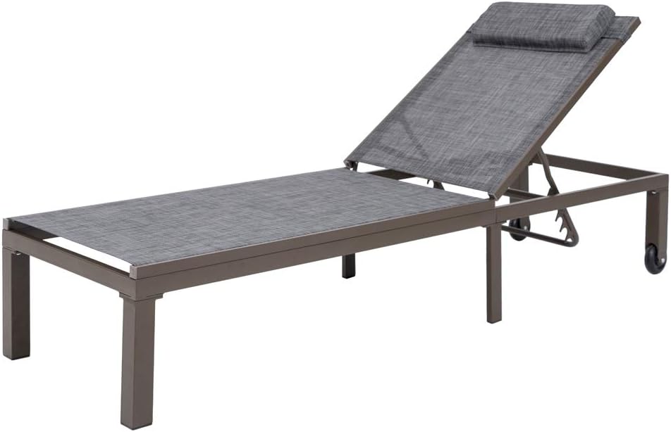 Crestlive Products Outdoor Adjustable Chaise Lounge Chair with Headrest and Wheels Five-Position Multiangle Recliner All Weather for Patio, Beach, Yard, Pool