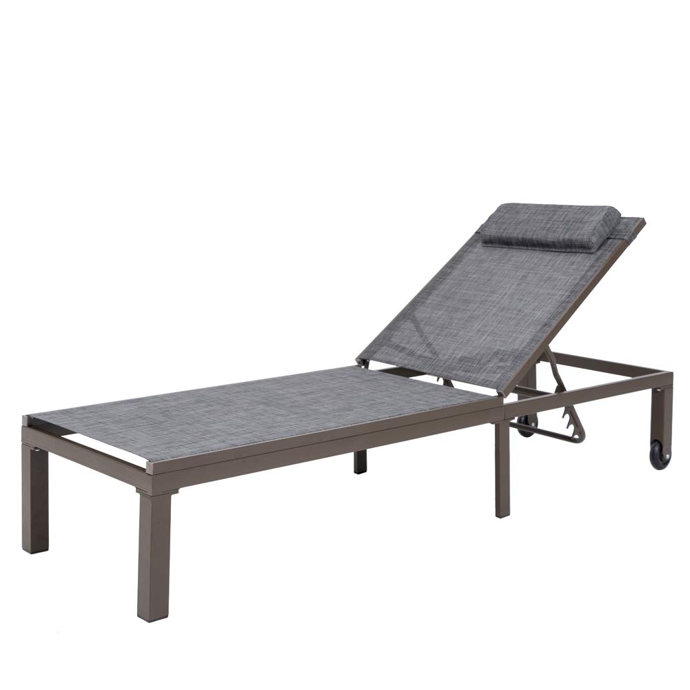 Crestlive Products Outdoor Adjustable Chaise Lounge Chair with Headrest and Wheels Six-Position Multiangle Recliner All Weather for Patio, Beach, Yard, Pool