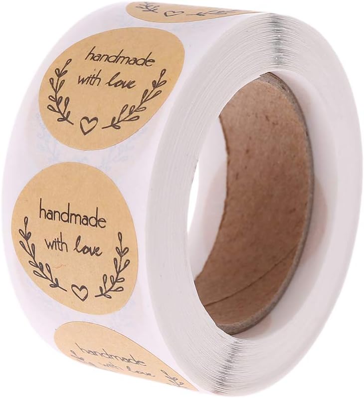 Yuaierchen 500pcs Kraft Labels Natural Round Handmade with Love Paper Stickers Adhesive Labels Baking Scrapbooking Wedding Party Favors Gift Packaging DIY